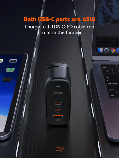 LDNIO GaN 65W USB C Charger Travel Charger PD QC Wall Charger 3 Port International Plug Adapter EU UK US AU Travel Plug Adapter