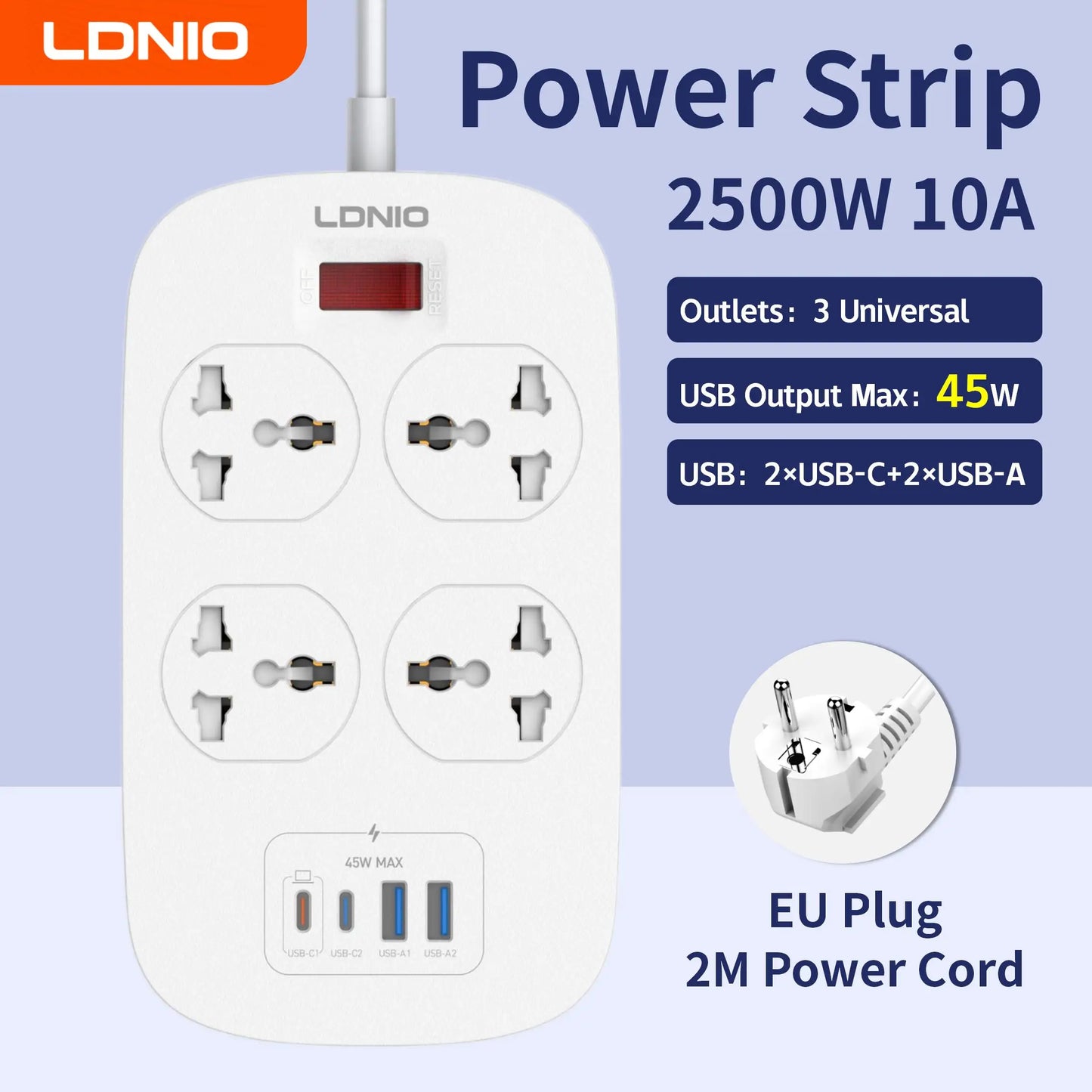 LDNIO 4 Outlets Universal Power Strip with 45W PD USB C Fast Charging 2M Extension Cable Surge Protector EU US UK Plug Socket