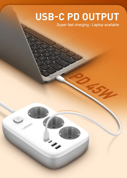 LDNIO EU Plug Power Strip 3 Outlet with 65W 4 USB C Port Electrical Socket Universal Outlet Home Office Adapter Surge Protector