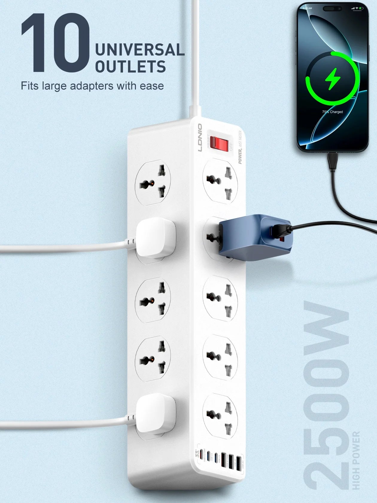 LDNIO 10 AC Outlets Power Strip Electrical Sockets with 33W USB C Charging Ports 2M Extension Cord Surge Protector UK US EU Plug