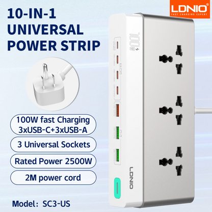 LDNIO Multiple Desktop Power Strip 3 AC Outlet Power Socket 65W Fast Charging PD QC USB-C USB-A 2M Power Cord EU UK US KR Plug