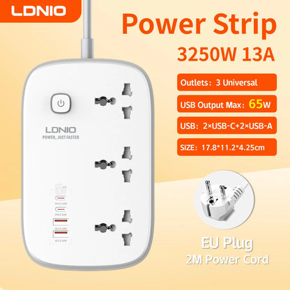 LDNIO EU Plug Power Strip 3 Outlet with 65W 4 USB C Port Electrical Socket Universal Outlet Home Office Adapter Surge Protector