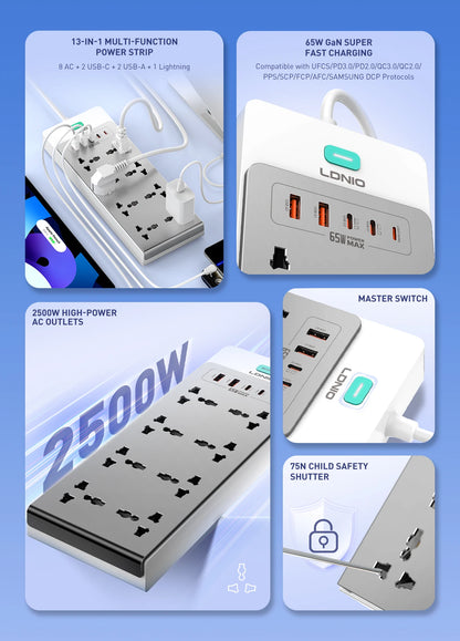 13-in-1 65W Power Strip Surge Protector LDNIO With 8 Universal AC Outlets PD USB C QC USB A Desktop Fast Charging Station 2500W