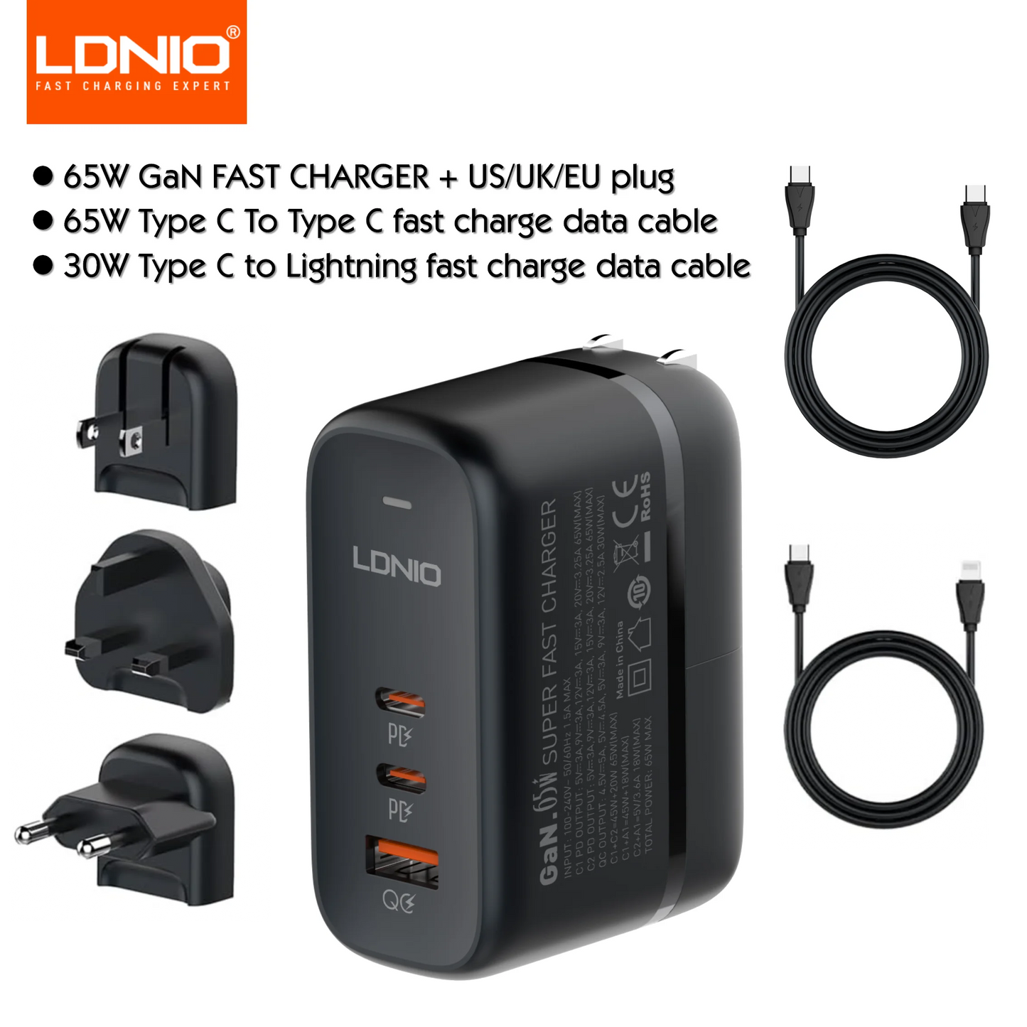 LDNIO 65W GaN USB Type C Multi Travel Power Adapter QC PD PPS SCP 45W Fast Wall Charging For iPhone 15 Galaxy iPad MacBook Air