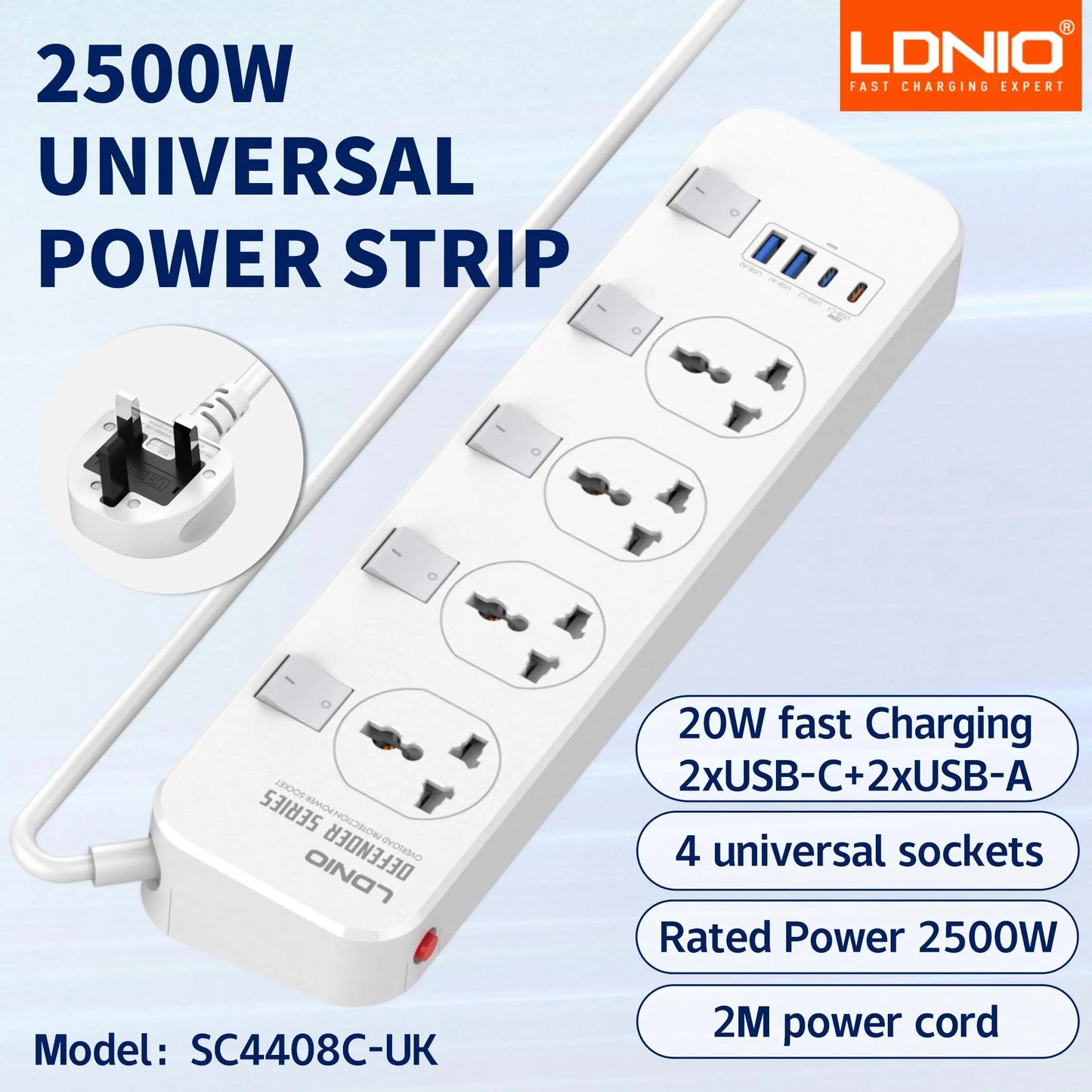 LDNIO USB C Universal Power Strip Multiprise with 6 USB Fast Charging Ports 5 AC Outlets Electrical Socket 2M Extension Cable