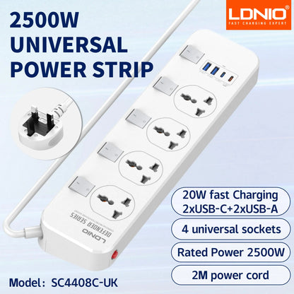 LDNIO USB C Universal Power Strip Multiprise with 6 USB Fast Charging Ports 5 AC Outlets Electrical Socket 2M Extension Cable