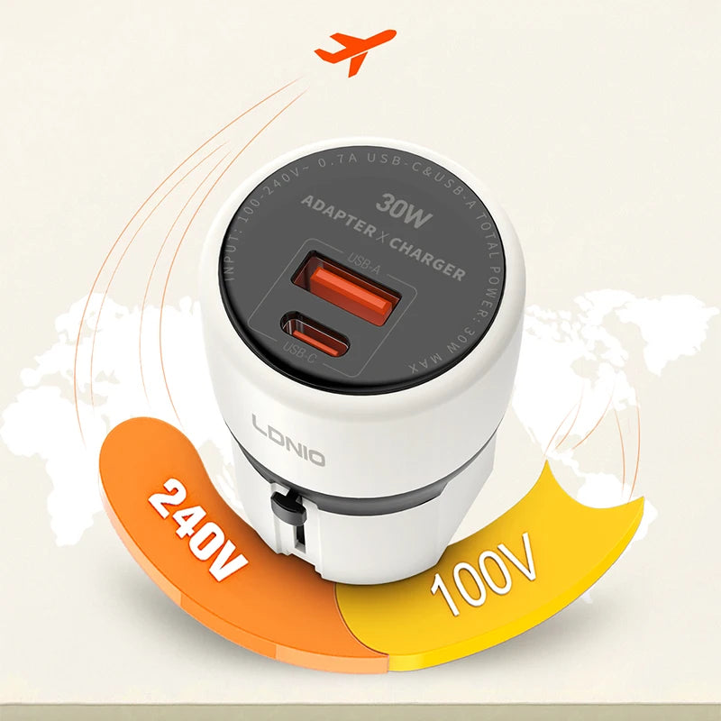 LDNIO universal travel adapter mobile phone fast charger PD30W UK/EU/US/AU international adapter for iphone 16/15/14/13/12/11pro