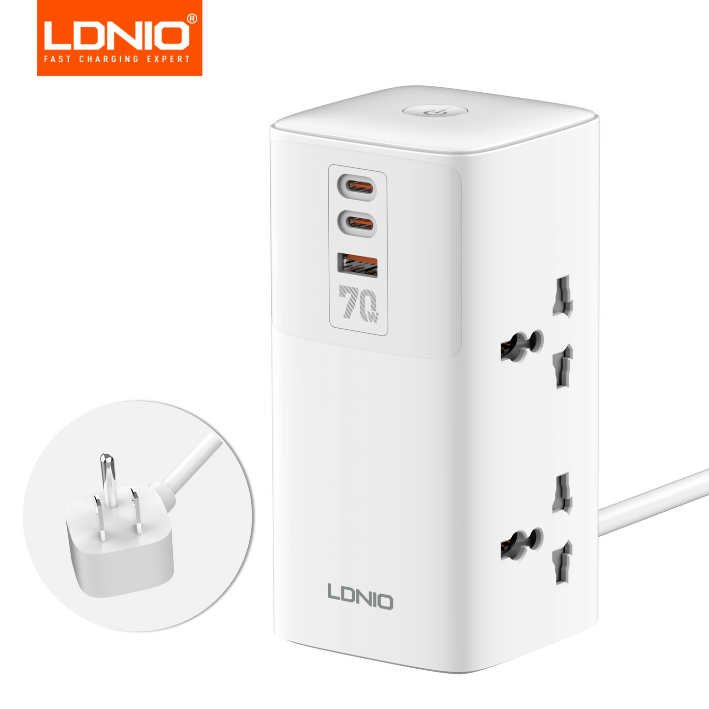 LDNIO Tower Power Strip Multi Outlets with 70W Type C 2M Extension Cable EU UK US Plug Vertical Electric Socket Surge Protection