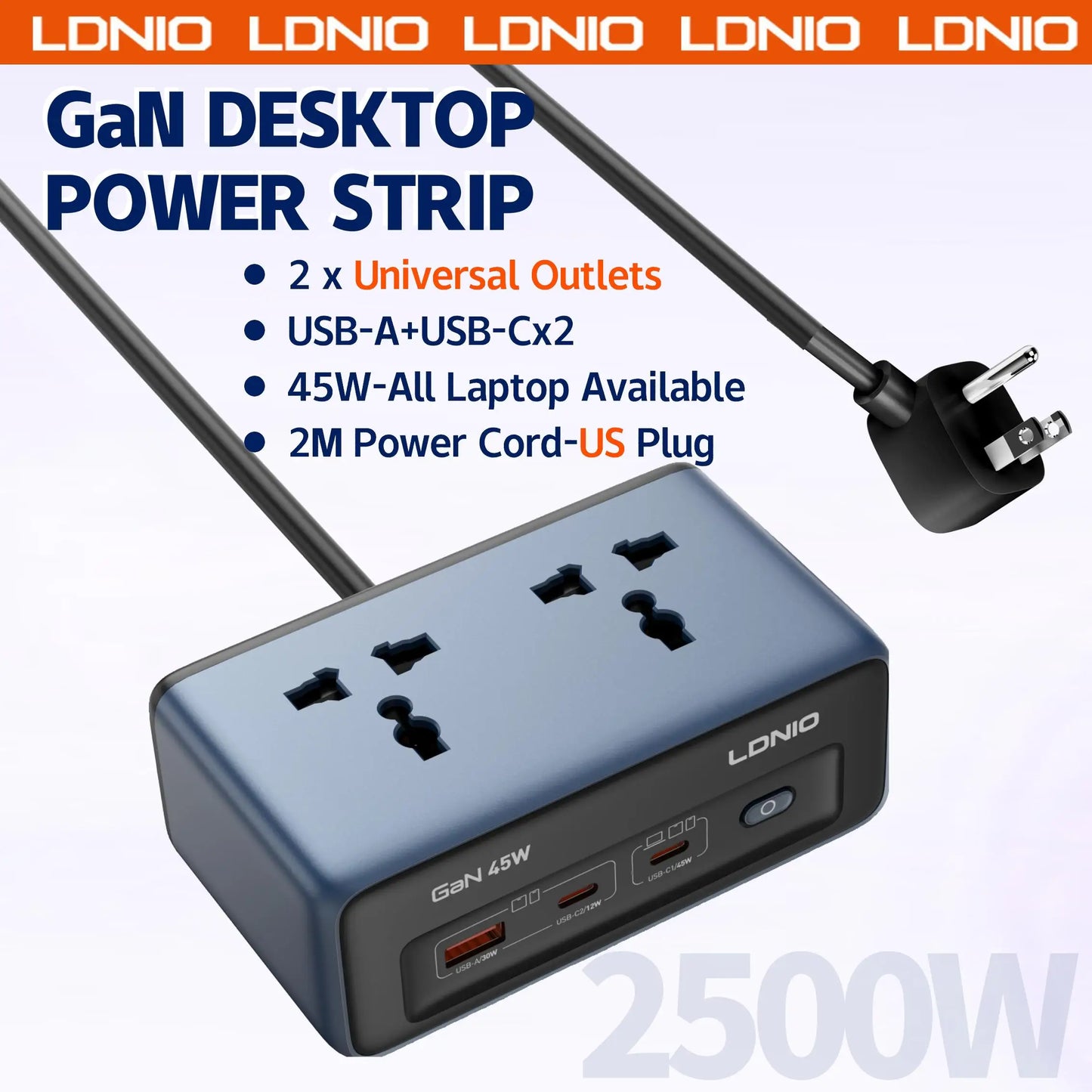 LDNIO 45W 5-in-1 Power Strip with 2 AC Outlets 2 USB C USB A Port Fast Charging Anti-slip Desktop Multi Universal Socket