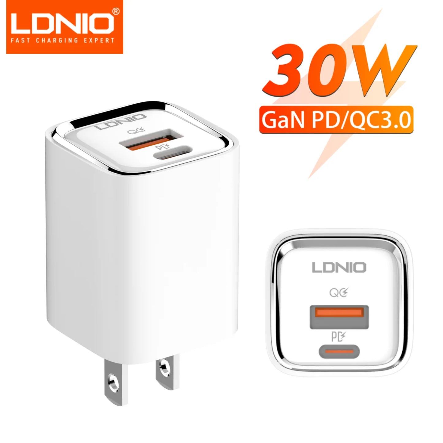 30W USB C Charger LDNIO GaN Compact Fast Wall Charger Block USB-C Power Adapter for Galaxy S23, Google AirPods