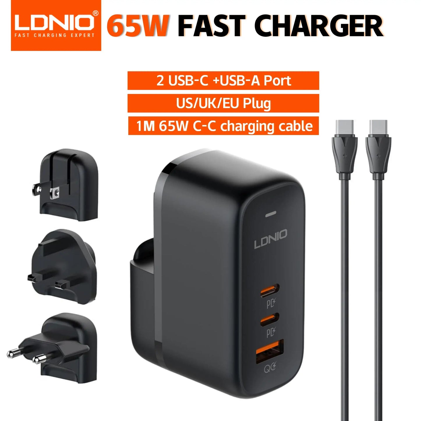 LDNIO GaN 65W USB C Charger Travel Charger PD QC Wall Charger 3 Port International Plug Adapter EU UK US AU Travel Plug Adapter