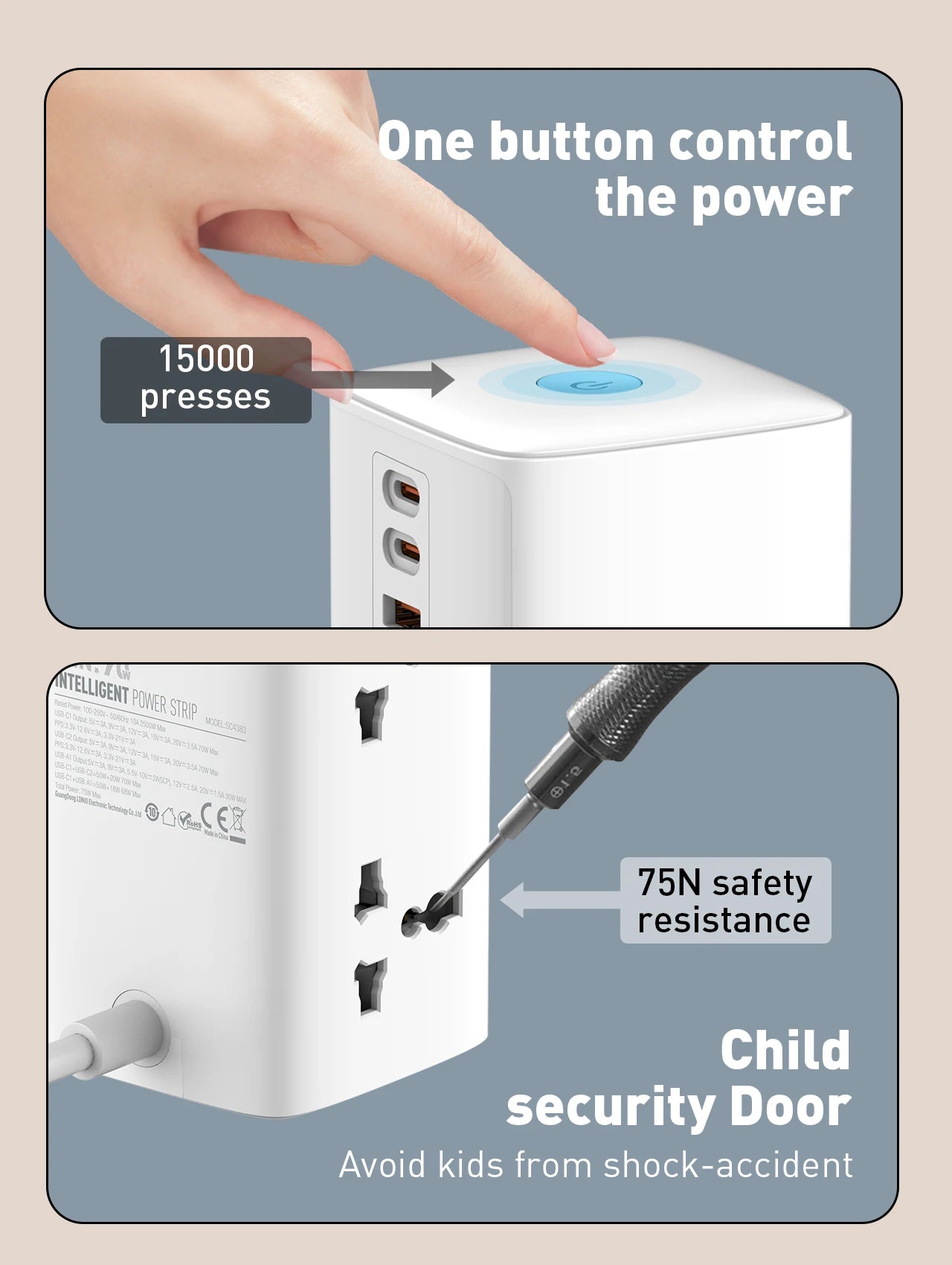 LDNIO Tower Power Strip Multi Outlets with 70W Type C 2M Extension Cable EU UK US Plug Vertical Electric Socket Surge Protection